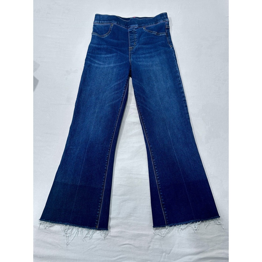 Spanx Jeans Womens Medium Blue High Rise Pull On Flare Raw Hem Stretch Denim